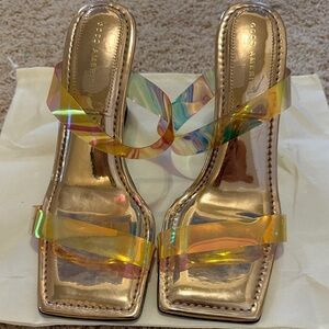 Good American Iridescent Strappy Heels